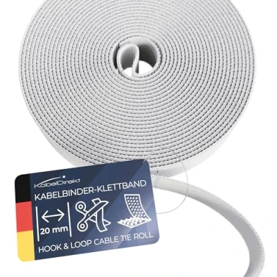 Abbildung von KabelDirekt Kabelbinder Klettband 5 m Rolle, 20 mm breit zuschneidbare Klett Rolle/Kabelmanagement mit Klettverschluss (wasserfest, umweltfreundlich, wiederverwendbar weiß)
