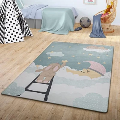 Abbildung von TT Home Teppich Kinder Kinderzimmerteppich Junge Mädchen Kinderteppich Babymatte Wolken, Farbe: Türkis Weiß Gelb, Größe:120x160 cm