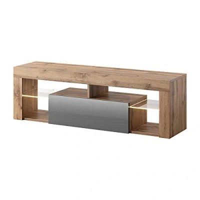 Abbildung von Selsey BIANKO TV Lowboard/TV Schrank in Holz Optik Lancaster Eiche mit Klappe Grau Hochglanz LED Beleuchtung Stehend 140cm