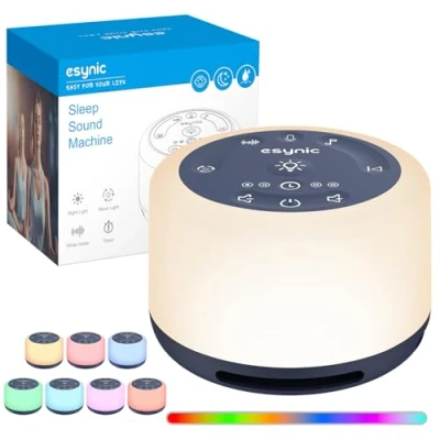 Abbildung von eSynic White Noise Machine Baby Weißes Rauschen Einschlafhilfe LED Stilllicht mit 30 Klänge &amp; 7 Farben Nachtlicht Timer Speicher für Kinder Erwachsene Zuhause Büro