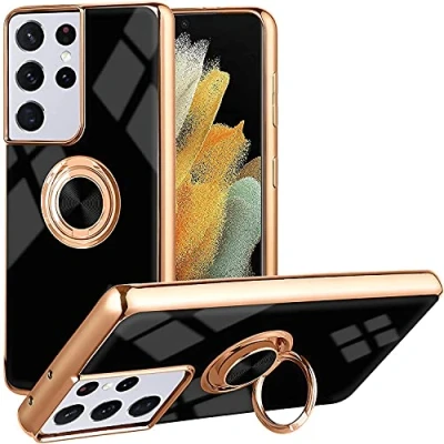 Abbildung von iBEX Handyhülle für Samsung Galaxy S21 Ultra,Überzug Glänzende TPU Schutzhülle Mit Ringständer, Roségoldene Kante Stoßfester Kantenstoß, Schlanke, Weiche Hülle Schwarz