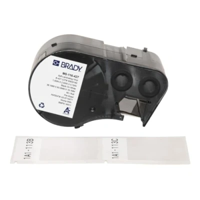 Abbildung von Brady Selbstlaminierendes Vinyl Vorgefertigte Etiketten für Etikettendrucker BMP51/BMP53/M511 80 Klebeetiketten Schwarz auf Weiß, Transparent (38,10 mm (B) x 63,50 (H)) M5 116 427