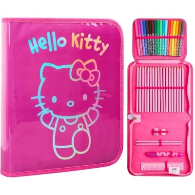 Abbildung von Hello Kitty Federmäppchen Mädchen Federtasche Gefüllt mit Schulsachen Buntstifte Filzstifte und Vieles Mehr Cinnamoroll Kuromi Sanrio Geschenk Idee (Rosa Kitty)