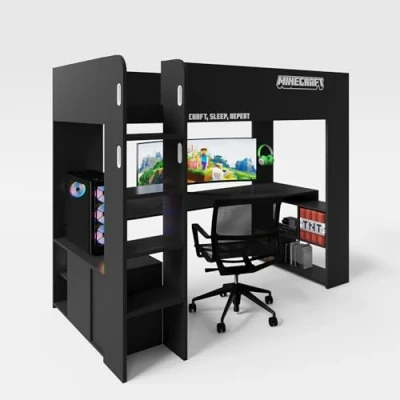 Abbildung von phoenix group AG MINECRAFT Kojenbett, Hochbett, Gamingbett 120x90cm, mit Leiter, Schreibtisch und Stauraum, Schwarz Carbon Optik