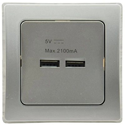 Abbildung von ChiliTec Delphi USB Lade Dose I 5V 2100mAh/2,1A 2 Fach Unterputz kombinierbar Silber für Tablet Smartphone Smartwatch