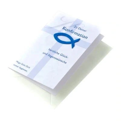 Abbildung von Perleberg Karte zur Konfirmation Basic Classic Collection Glückwunschkarte mit Fisch Applikation &amp; Kreuz Konfirmationskarte farblich passendem Umschlag in 11,6 x 16,6 cm