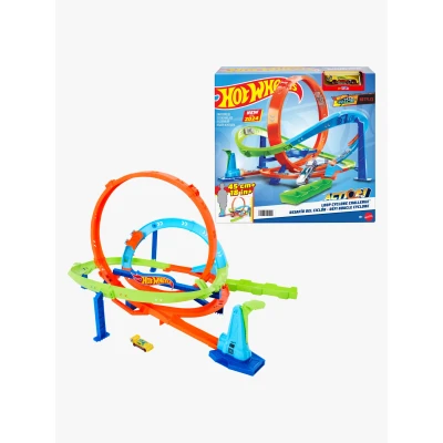 Abbildung von HOT WHEELS Let&#039;s Race Netflix Looping Zyklon Challenge Action Trackset mit 2 Spielmöglichkeiten, Bumerang Loopings und Fahrzeug im Maßstab 1:64, Tragegriff, ab 4 Jahren, HXM94