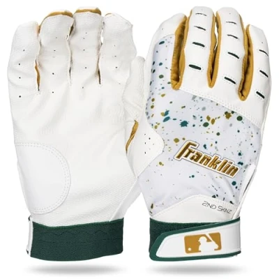 Abbildung von Franklin Sports MLB Schlaghandschuhe 2nd Skinz Drip Baseball + Softball Erwachsene Jugendliche, Premium Lederpaar Weiß Waldgrün L