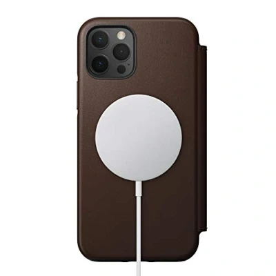 Abbildung von NOMAD Modern Folio Case mit MagSafe Kompatibilität, Klapphülle aus Echtleder kompatibel iPhone 12 und Pro in braun