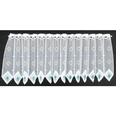 Abbildung von Scheibengardine Quadrate 45 cm hoch weiß blau Wunschbreite frei wählbar durch gekaufte Menge in 11,5 Schritten Meterware