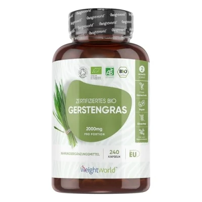 Abbildung von Bio Gerstengras Kapseln 2000mg pro Tagesdosis zertifiziert 240 vegane Barley Grass Alternative zu Pulver 2 Monate Vorrat WeightWorld
