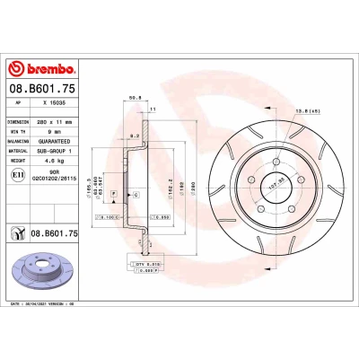 Abbildung von BREMBO 08.B601.75 Bremsscheibe 280 11 5 voll beschichtet FORD: Tourneo Connect / Grand V408 Kombi, C Max