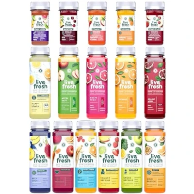 Abbildung von LiveFresh Saft &amp; Shot Probierpaket 12 Säfte (250ml) 8 Shots (60ml) Kaltgepresst aus frischem Obst Gemüse Frisch gepresste Fruchtsäfte ohne Zucker Zusätze Inkl. 3 Einwegpfand