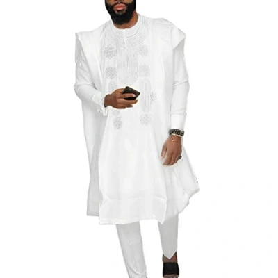 Abbildung von HD Afrikanische Herrenbekleidung Agbada Kleidung Stickerei Dashiki Shirts und Hosen Outfits 3 teilig, weiß, XXL