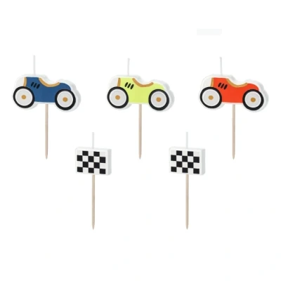 Abbildung von Geburtstagskerzen Rennautos 2 3cm 3er Set Kuchenkerzen Tortendeko Kindergeburtstag Kerzenset in Blau Gelb Rot