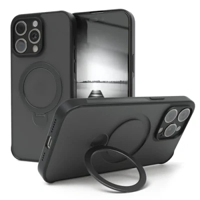 Abbildung von EAZY CASE MagSafe Handyhülle für iPhone 15 Pro Max kompatibel mit Hülle Ständer 360 Ring &amp; Magnetfunktion zum Aufstellen Cover Schwarz