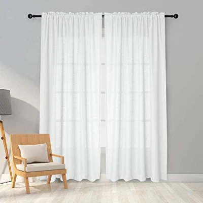 Abbildung von Melodieux Voile Vorhänge aus Kunstleinen, halbtransparent, für Schlafzimmer, Wohnzimmer, Fenster, Weiß, 140 x 183 cm, 2 Paneele
