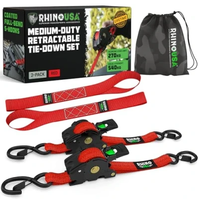 Abbildung von Einziehbare Spanngurte mit Ratsche von (2 Pack) 540 kg garantierte maximale Bruchfestigkeit, inklusive (2) ultimativen 2.5 cm x 3 m Spanngurten automatischem Rückzug und gepolsterten Griffen Rot