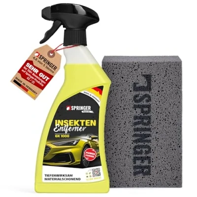 Abbildung von SPRINGER GX1000 Insektenentferner 750 ml + Schwamm Made in Germany Schonende Rezeptur Tiefenwirksame Formel Insekten Reiniger für hartnäckige &amp; angetrocknete Insektenreste