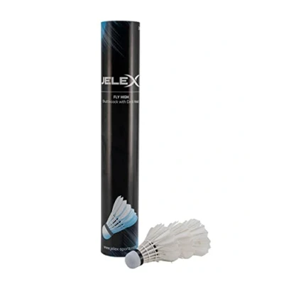Abbildung von JELEX Federball Fly High Badminton 12er Set (12er Pack Federbälle), hochwertiger, natürlicher Korkkopf