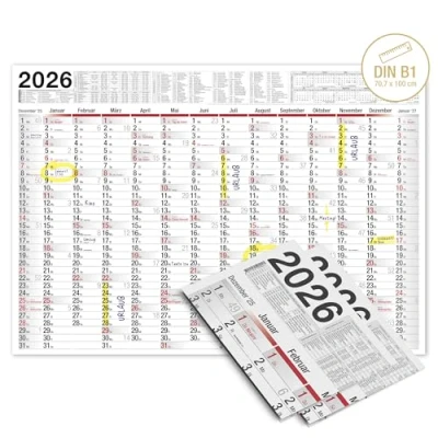 Abbildung von TOBJA Wandkalender 2026 groß mit Feiertagen und Ferien DE, AT Jahresplaner 100x70 cm XXL gerollt oder gefalzt Hochwertiger Kalender [2 Stück gefalzt]