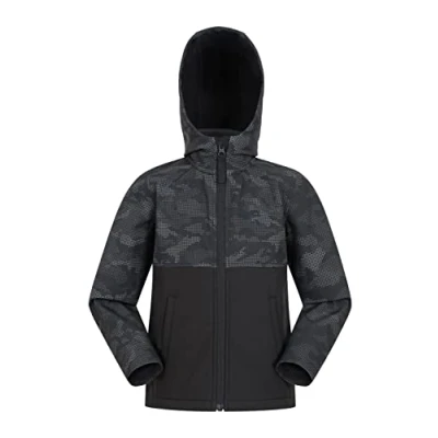 Abbildung von Mountain Warehouse Exodus wasserdichte Windjacke Kinder Softshell leichte Regenjacke Kinder, atmungsaktive, wasserfeste Jacke, Kinderregenjacke Schwarz Camouflage 104 DE (3 4 Jahre)