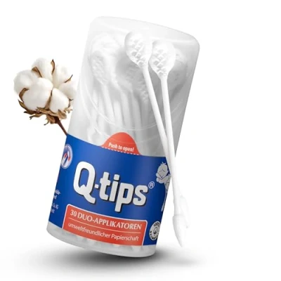 Abbildung von Q tips® Pflegestäbchen Duo Applikatoren, Runddose, (24 x 30 Stück), Wattestäbchen ohne Plastik, Abschminken und Korrektur von Makeup