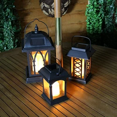 Abbildung von Festive Lights 3 er Set: Schwarze Solar Laternen mit LED Kerzen und täuschend echt wirkenden Flacker Effekt