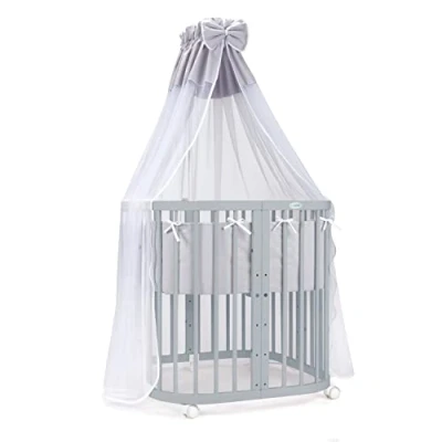 Abbildung von Waldin Babybett aus Holz 7in1 mit Matratze, mitwachsendes Kinder Bett, belüftet, Boden 5 Fach verstellbar, All Inclusive Set grau Stoffe