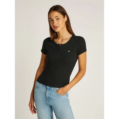Abbildung von Tommy Jeans SLIM Button C NECK Tshirt basic, Damen, Größe: 40, Black
