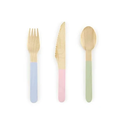 Abbildung von Holzbesteck Einweg 18 teilig Einwegbesteck Holz 16cm Besteckset 6 Personen Besteck Kinder Party/PartyDeco Bedrucktes Mix Farben