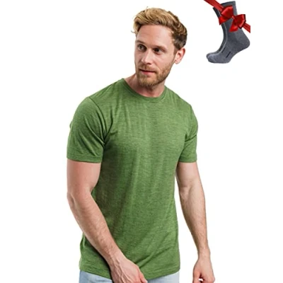 Abbildung von Merino.tech Merinowolle T Shirt Herren 100% Bio Unterhemd Leichte Basisschicht + Wanderwollsocken (Olive Grove, XX Large)