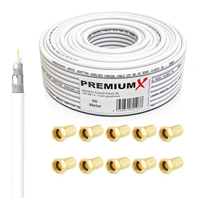 Abbildung von PremiumX 50m BASIC Koaxialkabel 135dB 4 fach SAT Koax Kabel 10x F Stecker