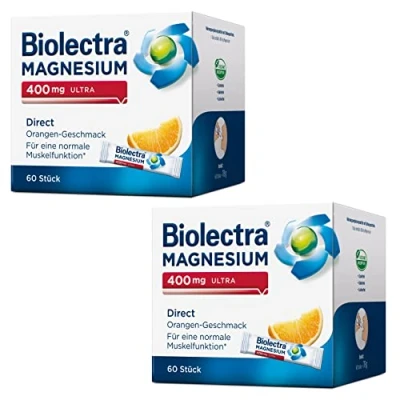Abbildung von Biolectra Magnesium 400 mg Direct Sticks Orange, 2 x 60 Stück: Für eine normale Muskelfunktion bei erhöhtem Bedarf, Direkt Sticks, hochdosiert