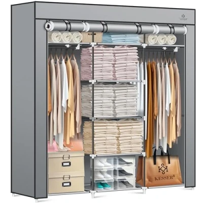 Abbildung von KESSER® Kleiderschrank Stoffschrank Stabil mit Kleiderstange &amp; Ablagen, Inkl. 5X Kleiderbügel, Stoff Faltschrank für Schlafzimmer, Ankleidezimmer Garderobe Kleiderständer 150x45x175cm Grau