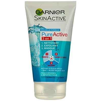 Abbildung von GARNIER Pure Active Reinigungsmittel 3 in 1 Ton Reiniger, Peeling &amp; Maske gegen Unreinheiten Flecken Niacinamid Vegan Cruelty Free für Mischhaut bis fettige Haut 150 ml