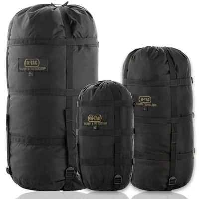 Abbildung von M Tac Schlafsack Kompressionssack, Militär, wasserabweisend, leicht, Nylon, Kompressionssack für Reisen, Camping, Wandern, Outdoor (Schwarz, 12 Liter)