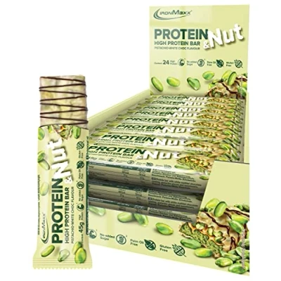 Abbildung von IronMaxx Protein &amp; Nut Proteinriegel Pistachio White Choc 24 x 45g High Bar mit echten Pistazien Eiweißriegel glutenfrei, ohne zugesetzte Zucker und palmölfrei
