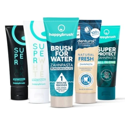 Abbildung von happybrush Natürliche &amp; Vegane Zahnpasta Mix Pack Zahncreme für gesunde und weisse Zähne ohne Mikroplastik frischen Atem Zahnpflege im großen Set (5 x 75ml)