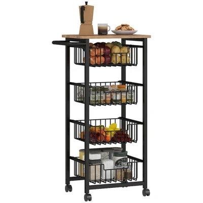 Abbildung von HOMCOM Küchenwagen Servierwagen mit Arbeitsplatte, 4 ausziehbaren Stahlkörben, Rollwagen für Büro, 49,5 x 31 91 cm, Eiche