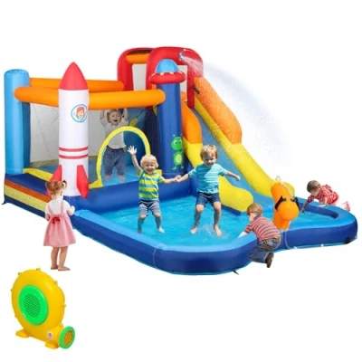Abbildung von AIYAPLAY Hüpfburg mit Gebläse, Rutsche, Planschbecken, Kletterwand, Sprung, Wasserkanone, Aufblasbare Springburg Tragetasche für Indoor Outdoor Kinder von 3 8 Jahren, 360 x 250 195 cm