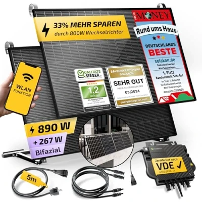 Abbildung von Solakon 880W Balkonkraftwerk mit Halterung (Balkon) 800W komplett Steckdose 800 Watt Wechselrichter Solaranlage Komplettset 440W bifaziale Solarmodule inkl. Zubehör 5m Kabel