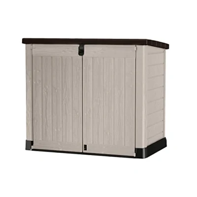 Abbildung von Keter Store it Out Pro Mülltonnenbox mit Gasdruckfeder, wetterfest, abschließbar, beige, 1.200 L, 145,5 x 82 123cm, passend für 2x240l Abfalltonnen