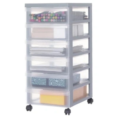 Abbildung von Iris Ohyama Kunststoff Schubladenbox mit Rollen, 6 flachen Schubladen, Grau, Griffe zum Ziehen, Für Schlafzimmer, Bad, Schule &amp; Büro, BPA frei, Schubladenschrank, Rollcontainer, A4 Drawer, DC 360