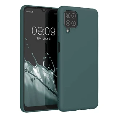 Abbildung von kwmobile Hülle kompatibel mit Samsung Galaxy A12 weiches TPU Silikon Case Cover geeignet für kabelloses Laden Blaugrün