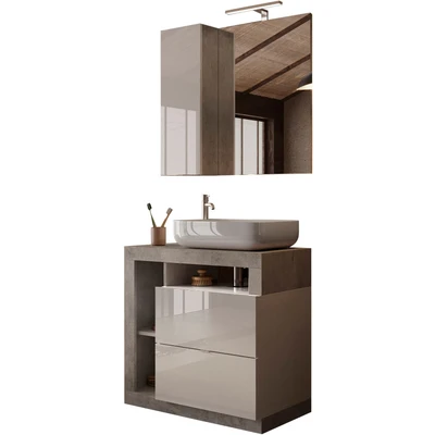 Abbildung von welltime Badmöbel Set &quot;Hamburg, Badezimmerset 2tlg. Breite 79 cm, Badmöbel, Waschtisch inkl.&quot;, (Spar Set, 2 St.), Waschbecken, Spiegelschrank mit LED Aufbauleuchte, Soft Close Funktion