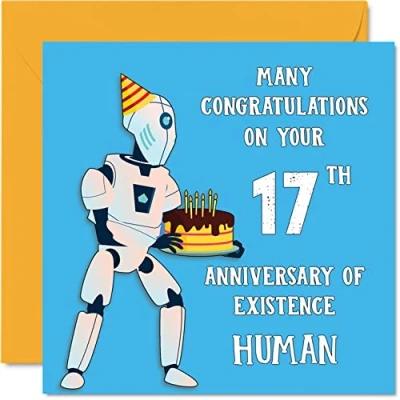 Abbildung von Lustige Geburtstagskarte zum 17. Geburtstag für Jungen und Mädchen Roboter Droide Happy Birthday Karte Sohn, Tochter, Bruder, Schwester, Enkel, Enkelin, Nichte, Neffe, Cousin, 145 mm x mm,