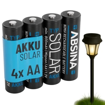 Abbildung von ABSINA 4X Solar Akku AA wiederaufladbar 800mAh 1.2V NiMH Mignon Batterien für Solarleuchten Solarakkus mit geriner Selbstentladung Batterie, Akkus Solarlampen