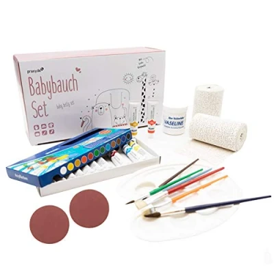Abbildung von Babybauch Gips Abdruck 3D komplett Set 24 teilig mit 18m Gipsbinden Abformset Geschenk für Schwangere praxy