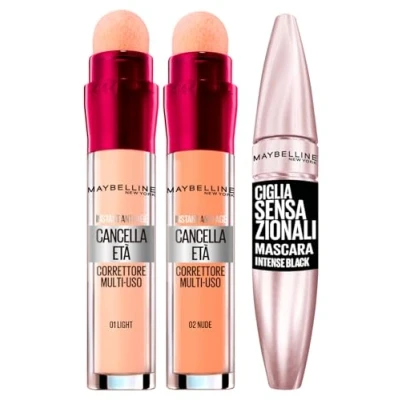 Abbildung von 2x Maybelline New York Age Erasing Liquid Concealer mit Gogli Berries Farben 02 Nude und 01 Light + 1x Volumizing Mascara Sensational Eyelashes Intense Black